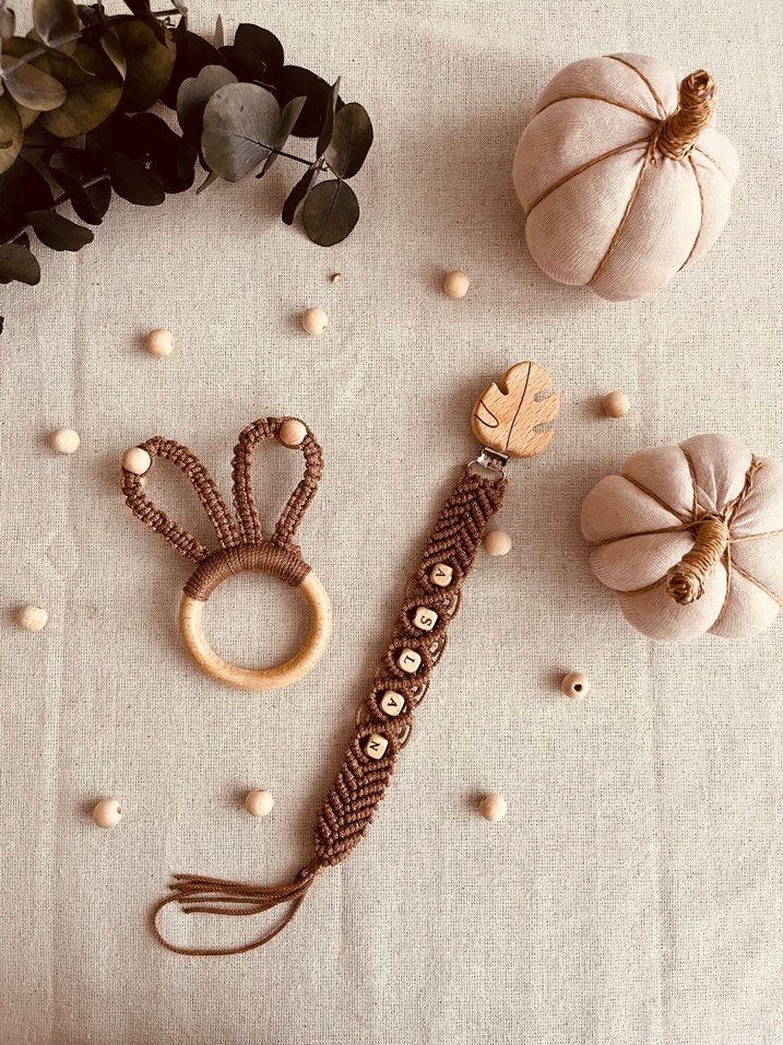 Kahverengi Makrome Diş Kaşıyıcı ve Emzik Askısı - Görsel 4