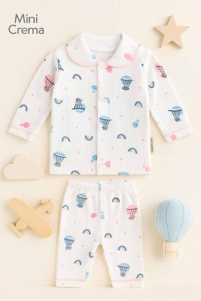 Renkli Baskılı Beyaz Bebek Takımı - Görsel 2