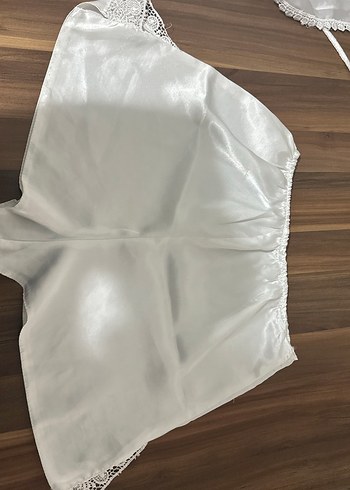 Beyaz Mini Saten İp Askılı Vintage Pijama Takımı - Görsel 3