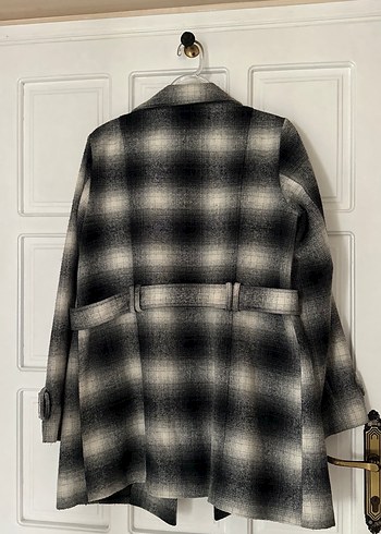 Gri Ekose Midi Kadın Yün Kaban - Görsel 2