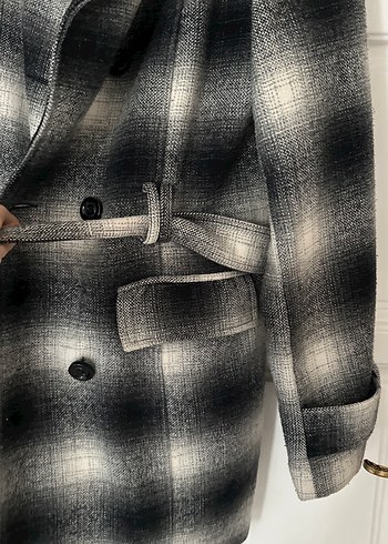 Gri Ekose Midi Kadın Yün Kaban - Görsel 4