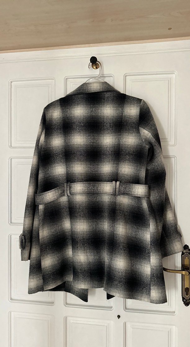 Gri Ekose Midi Kadın Yün Kaban - Görsel 2