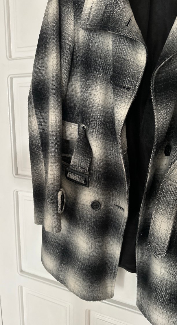 Gri Ekose Midi Kadın Yün Kaban - Görsel 5