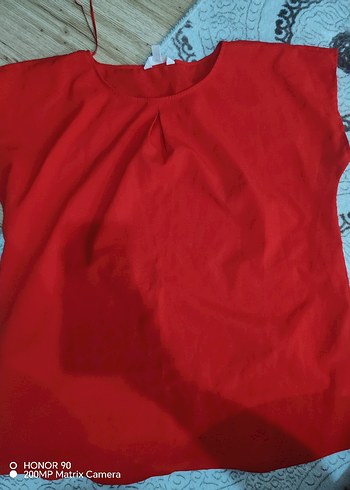 Kırmızı Kısa Kollu Salaş Keten Bluz - Görsel 2