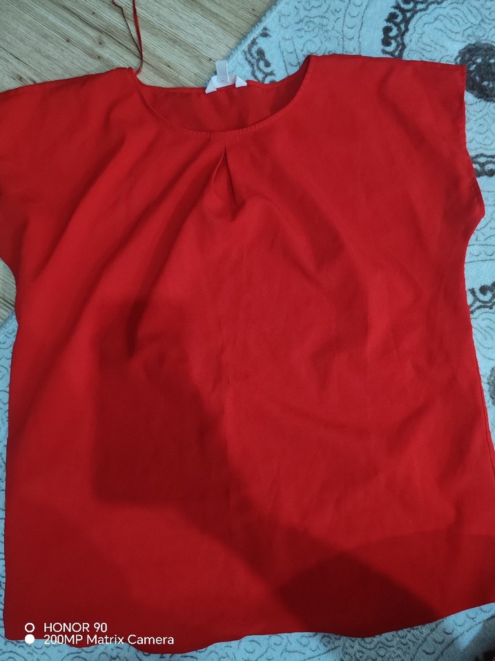 Kırmızı Kısa Kollu Salaş Keten Bluz - Görsel 2