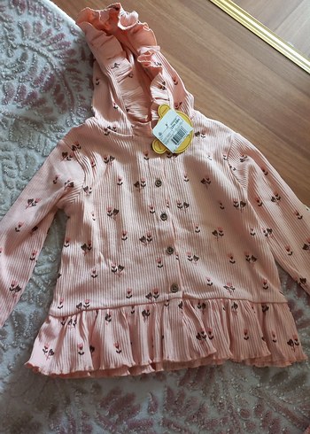 Kız Çocuk Pembe Kapüşonlu Düğmeli Ceket
