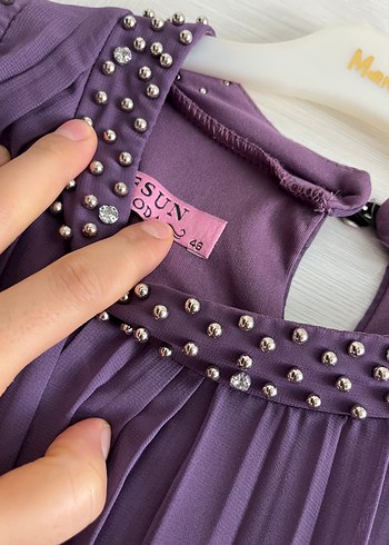 Mor Uzun Nakışlı Kadın Elbise - Görsel 5