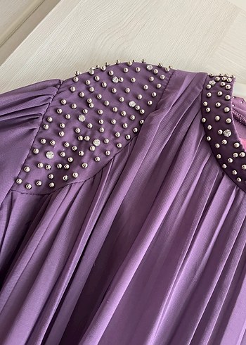 Mor Uzun Nakışlı Kadın Elbise - Görsel 4