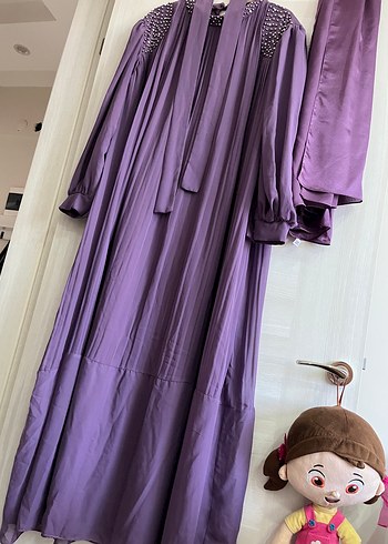 Mor Uzun Nakışlı Kadın Elbise - Görsel 2