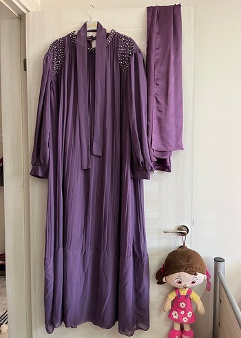 Mor Uzun Nakışlı Kadın Elbise - Görsel 3