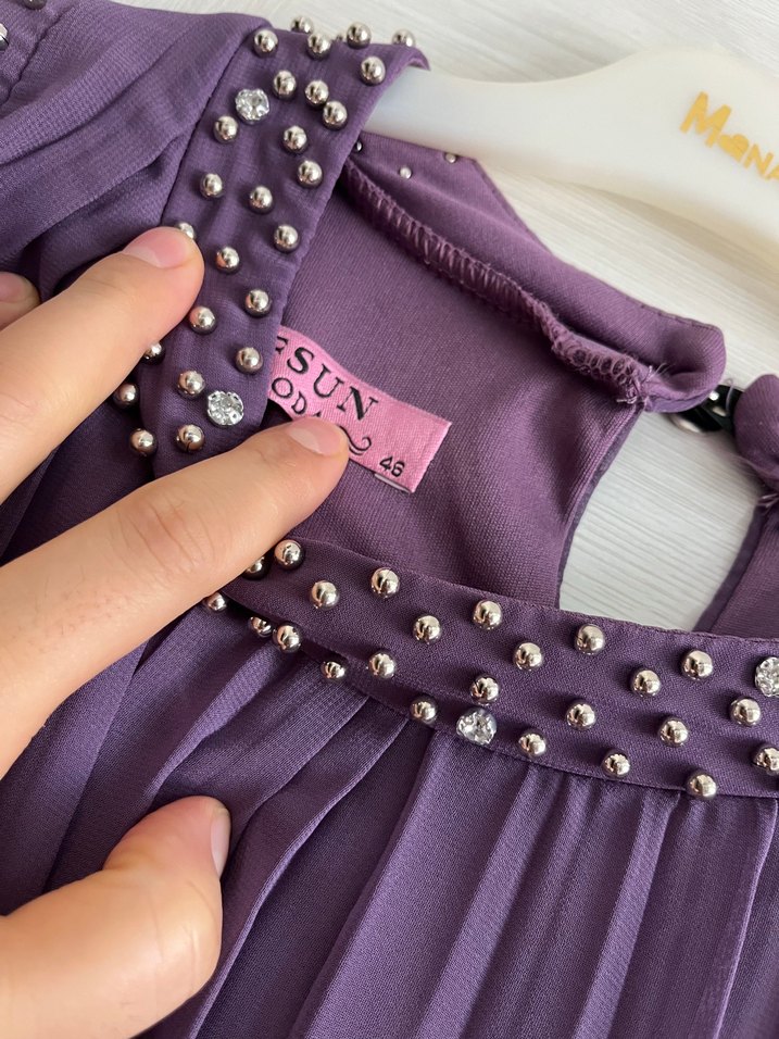 Mor Uzun Nakışlı Kadın Elbise - Görsel 5