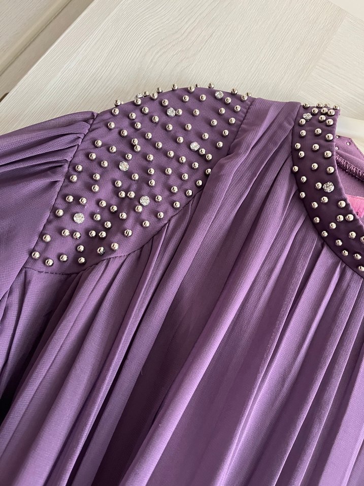 Mor Uzun Nakışlı Kadın Elbise - Görsel 4