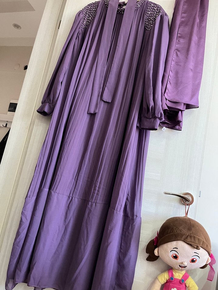 Mor Uzun Nakışlı Kadın Elbise - Görsel 2