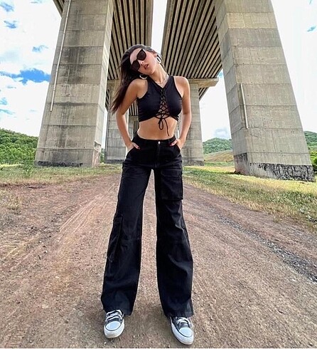 m Beden Y2K Recycled Siyah Kargo Pantolon
