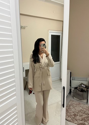 Bej blazer takım