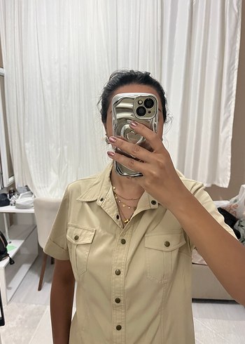 Zara Bej Midi Gömlek Elbise, Kısa Kollu, Regular Fit