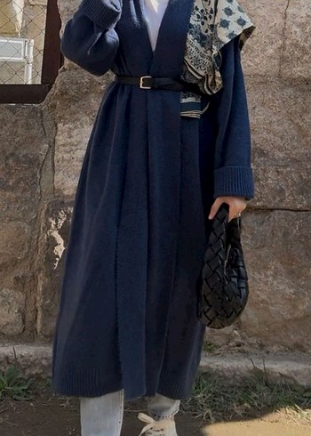 Lacivert Kadın Triko Midi Hırka - Görsel 8