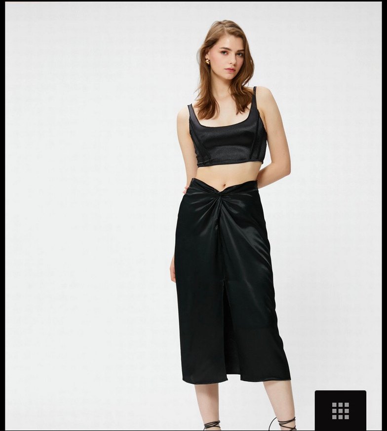 Saten Dokulu Siyah Midi Drapeli Etek - Görsel 2