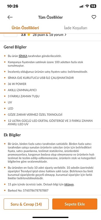 Beden Sinka jel oje kurutucusu