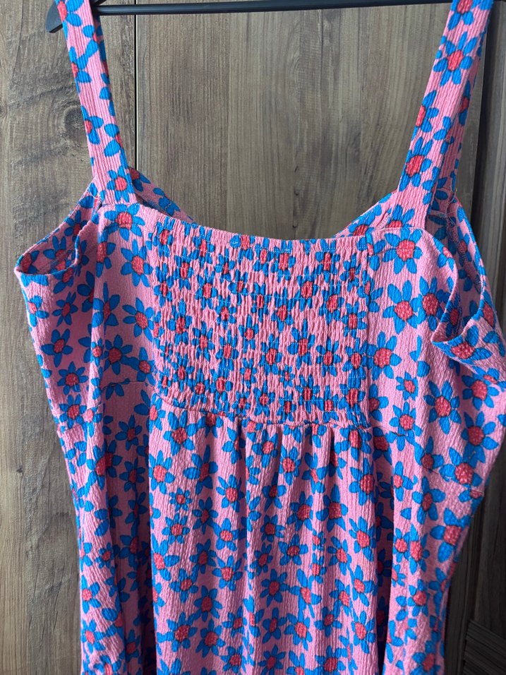 Pembe Çiçek Desenli Salaş Midi Elbise - Görsel 3