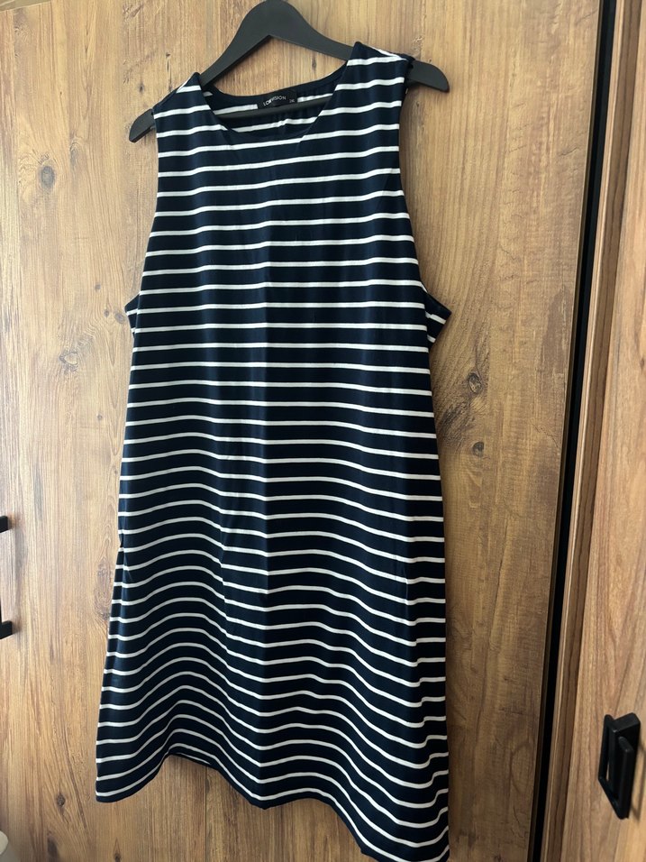 Lacivert Çizgili Midi Kolsuz Elbise - Görsel 3