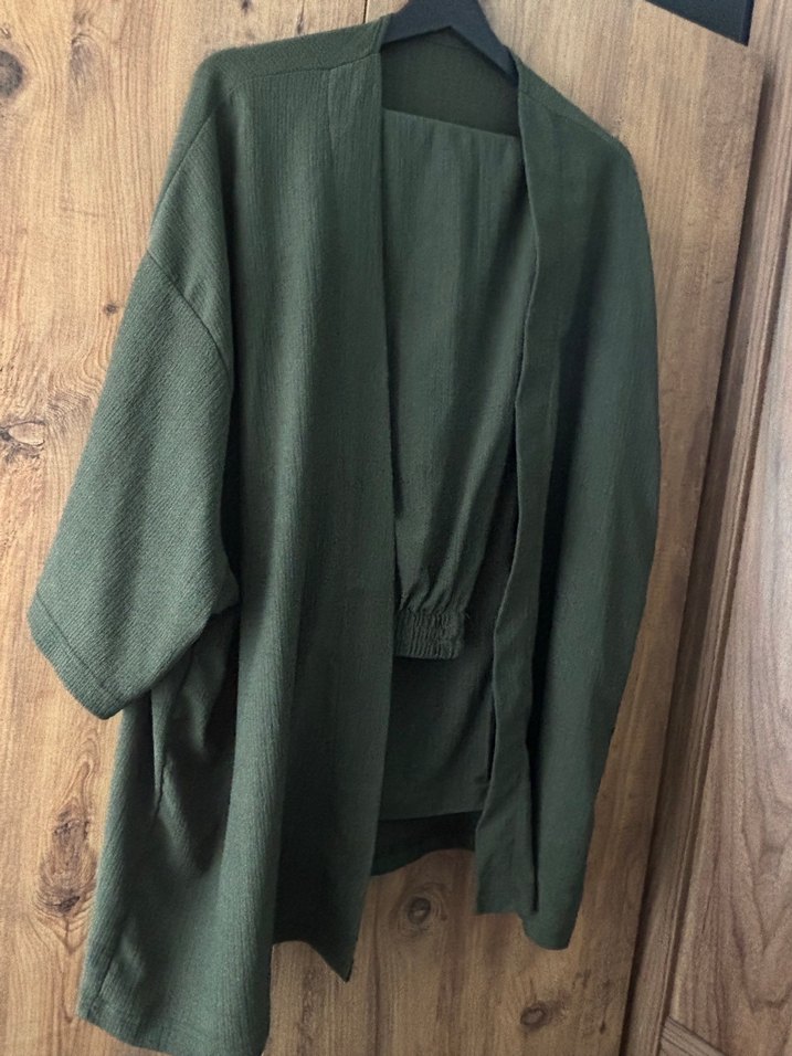 Kadın Haki Uzun Keten Kimono - Görsel 2