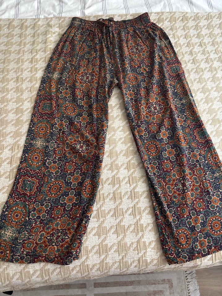Bohem Çok Renkli Desenli Salaş Kumaş Pantolon - Görsel 4