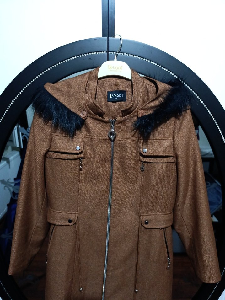 Kürk Detaylı Uzun taba renk kaban - Görsel 5