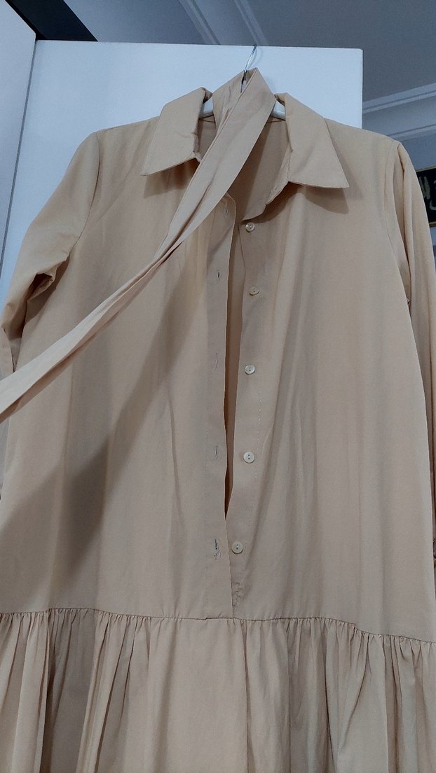 Bej Uzun Keten Elbise - Görsel 2