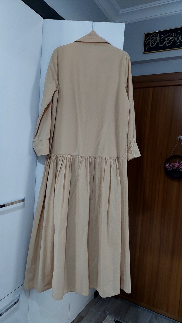 Bej Uzun Keten Elbise - Görsel 4