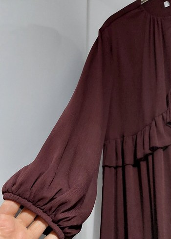 Diger Bordo Uzun Kollu Fırfırlı Elbise - Görsel 6