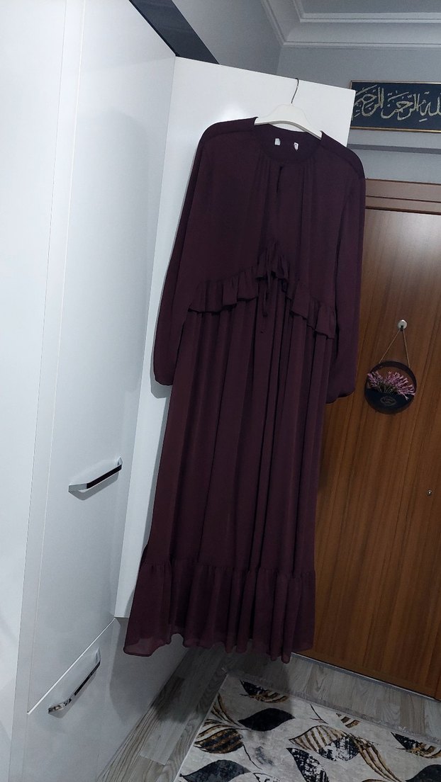 Diger Bordo Uzun Kollu Fırfırlı Elbise - Görsel 3