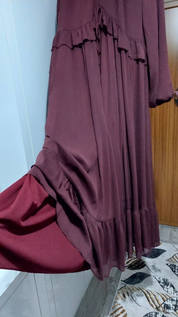 Diger Bordo Uzun Kollu Fırfırlı Elbise - Görsel 4