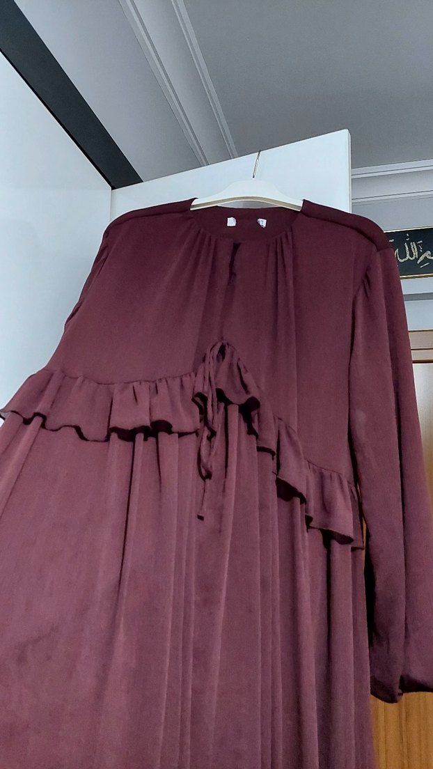 Diger Bordo Uzun Kollu Fırfırlı Elbise - Görsel 5