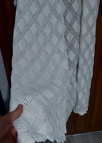 Uzun Beyaz Pamuklu Bohem Kadın Hırka - Görsel 3