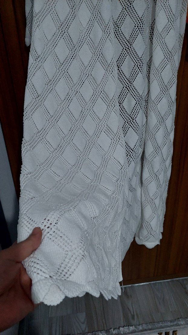 Uzun Beyaz Pamuklu Bohem Kadın Hırka - Görsel 3