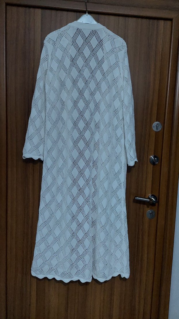 Uzun Beyaz Pamuklu Bohem Kadın Hırka - Görsel 4