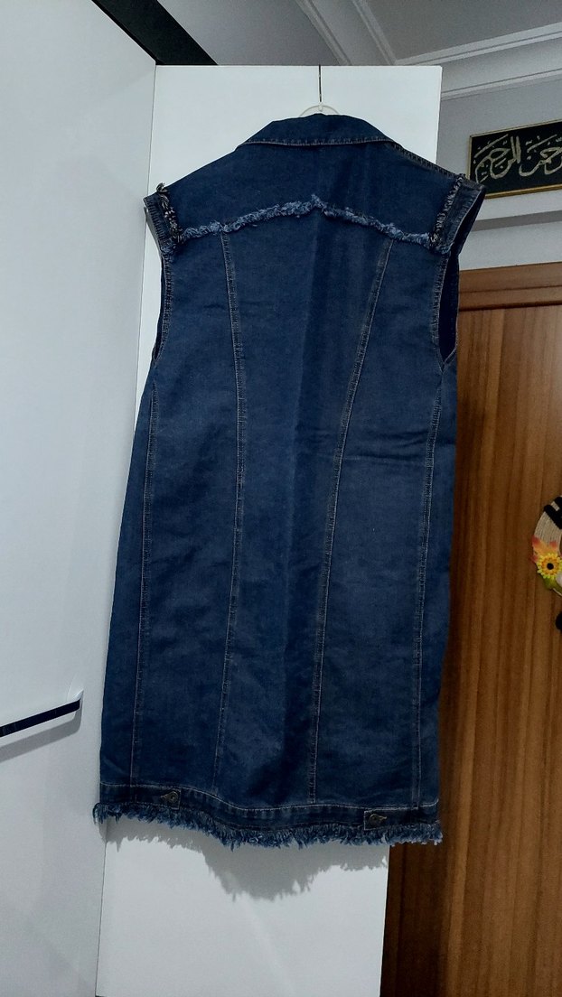 Düğmeli Uzun Kadın Kot Yelek - Görsel 5