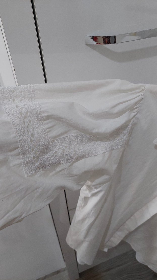 Pamuklu Beyaz Kadın Gömlek, Uzun Kollu, Salaş - Görsel 2