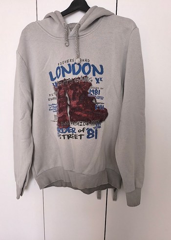 Diğer Gri Kapusonlu London Baskili Sweatshirt