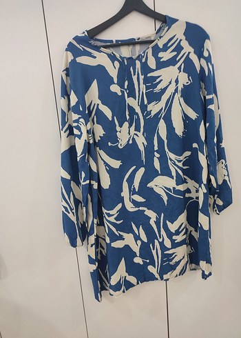Mavi Batik Desenli V Yaka Mini Tunik