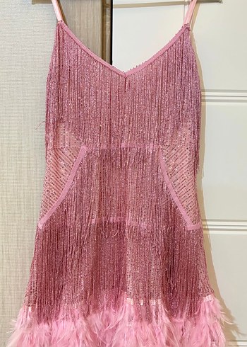 Pembe Püsküllü Mini Straplez Kokteyl Elbisesi - Görsel 2