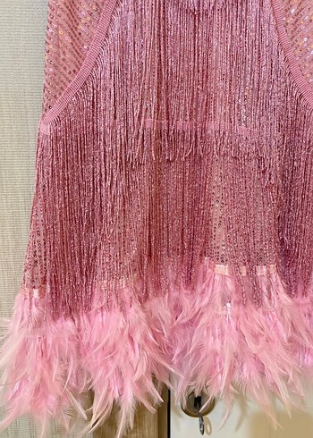 Pembe Püsküllü Mini Straplez Kokteyl Elbisesi - Görsel 3