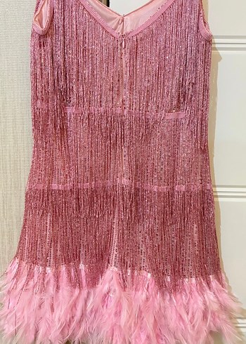 Pembe Püsküllü Mini Straplez Kokteyl Elbisesi - Görsel 5