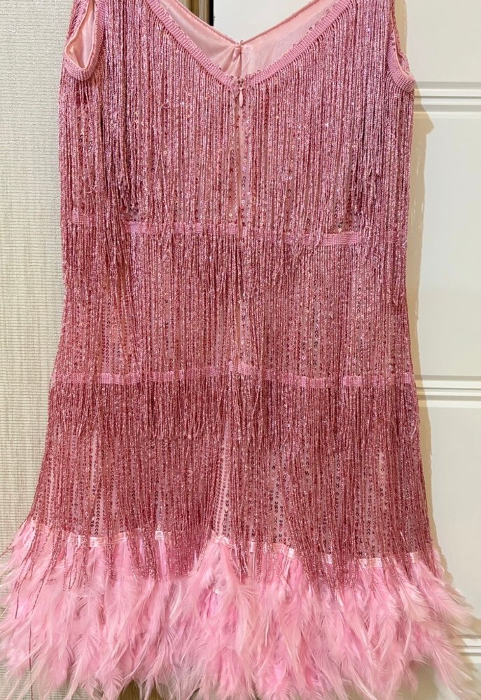 Pembe Püsküllü Mini Straplez Kokteyl Elbisesi - Görsel 5