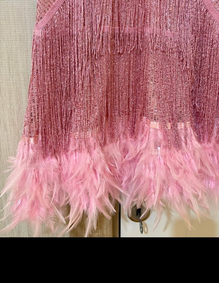 Pembe Püsküllü Mini Straplez Kokteyl Elbisesi - Görsel 4