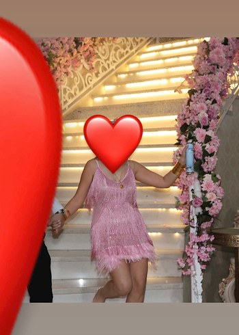 Püsküllü Mini Straplez Pembe Parti Elbisesi - Görsel 2