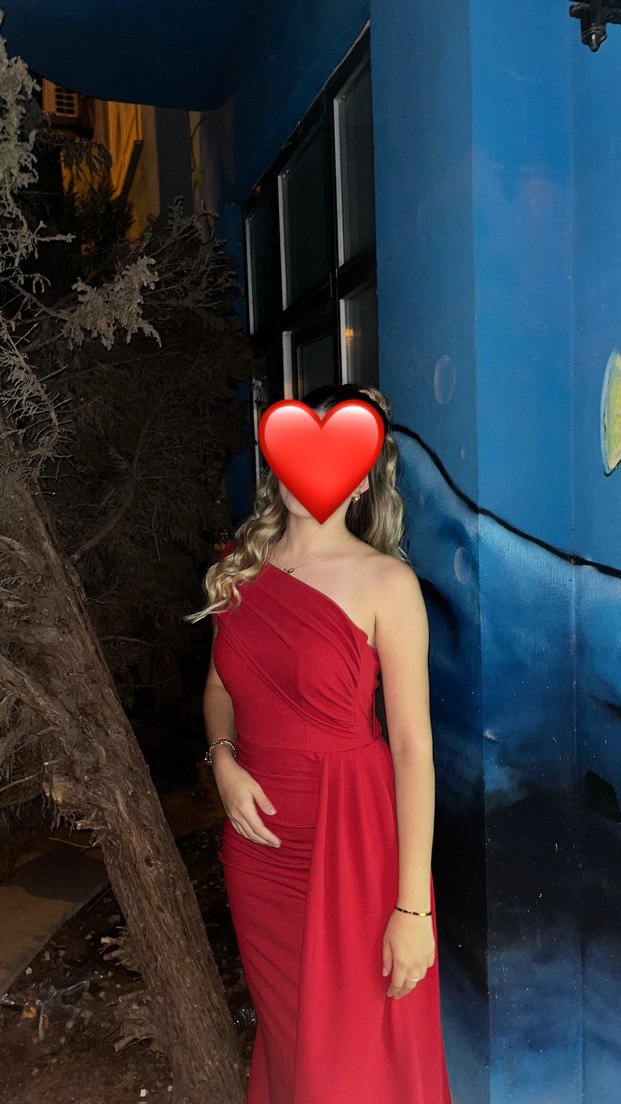 Kırmızı Drapeli Straplez  Abiye - Görsel 5