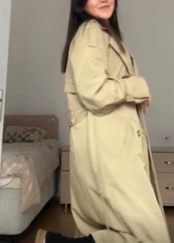 Kadın Bej Kuşaklı Uzun Trençkot - Görsel 8