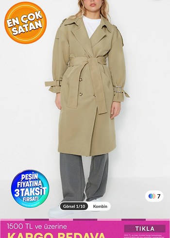 Kadın Bej Kuşaklı Uzun Trençkot - Görsel 6